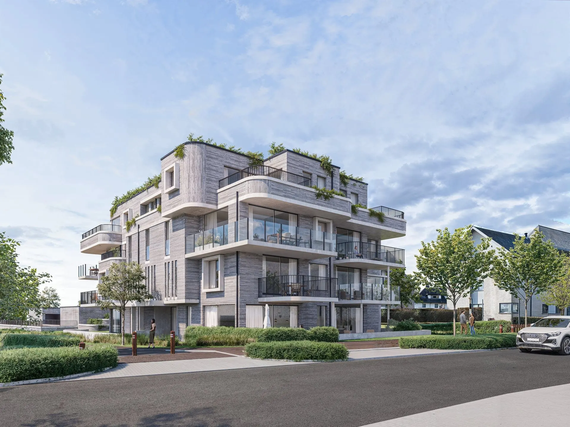 Render van Residentie Cerile-Henri aan de IJzerlaan in Middelkerke, vrijstaand appartementsgebouw met terrassen